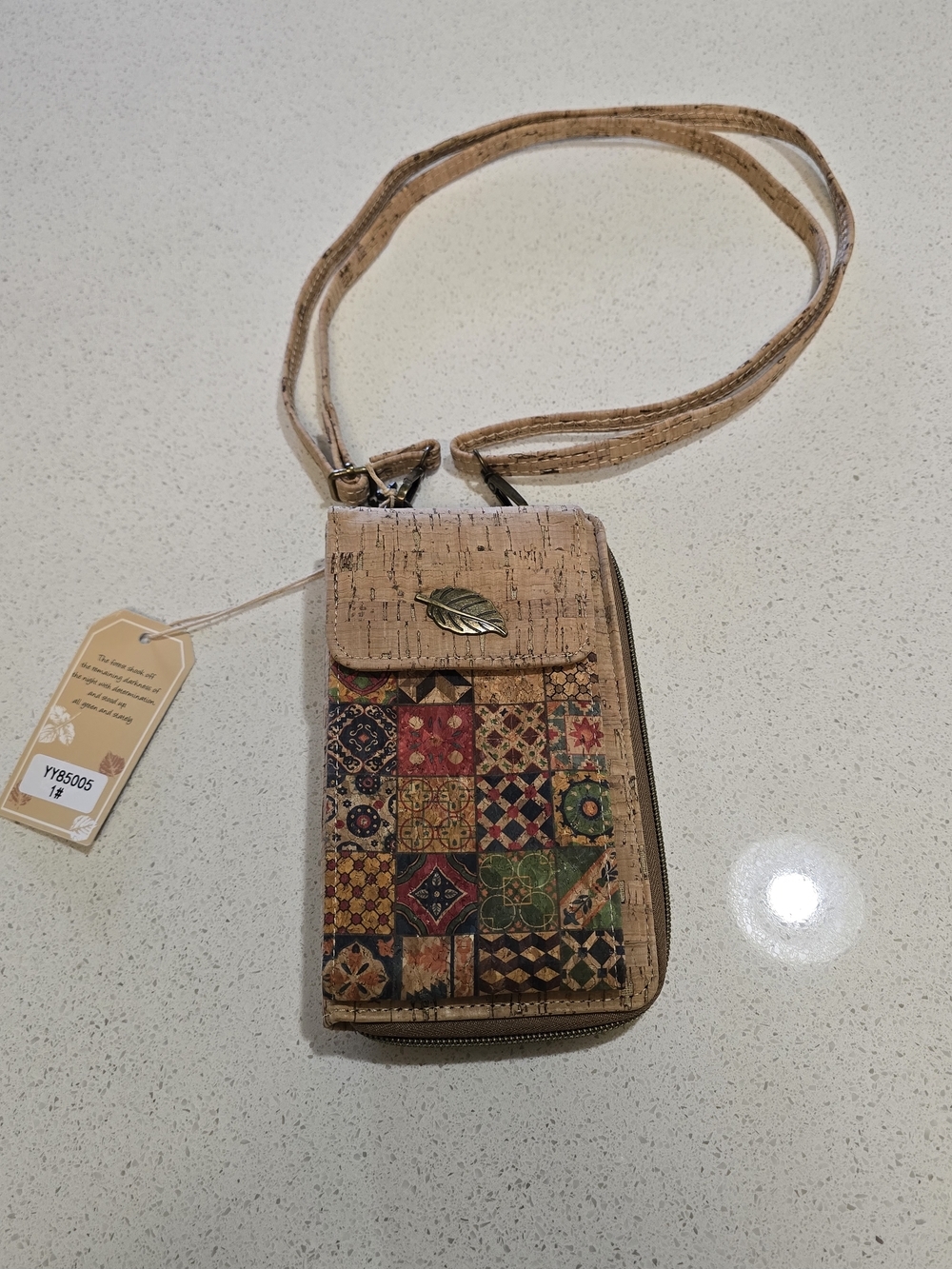 NWT Bag Cork Crossbody Cell Phone Purse Wallet Leaf Accent Patchwork Print